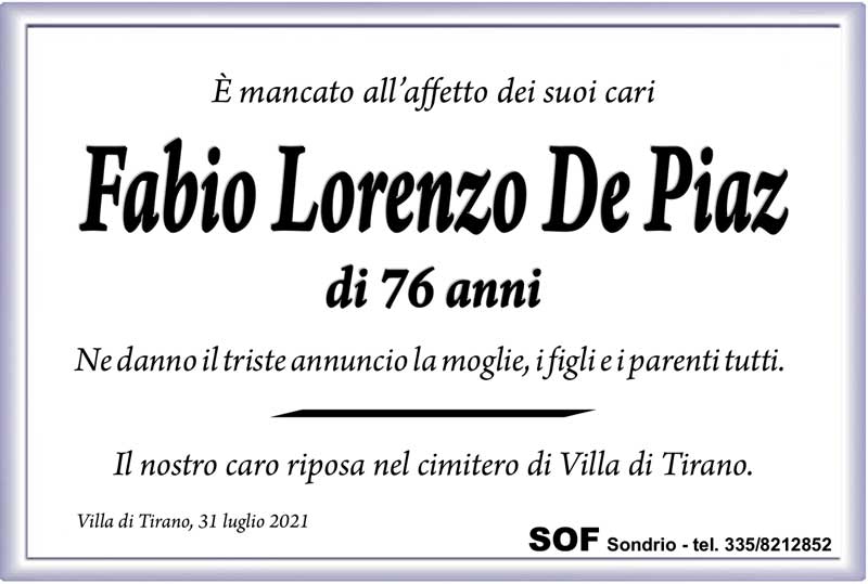 necrologio De Piaz Fabio Lorenzo