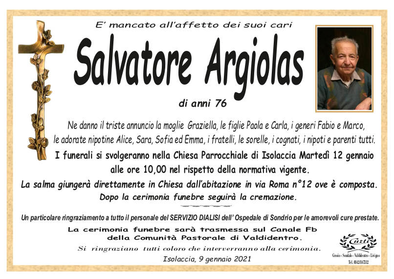 necrologio Argiolas Salvatore