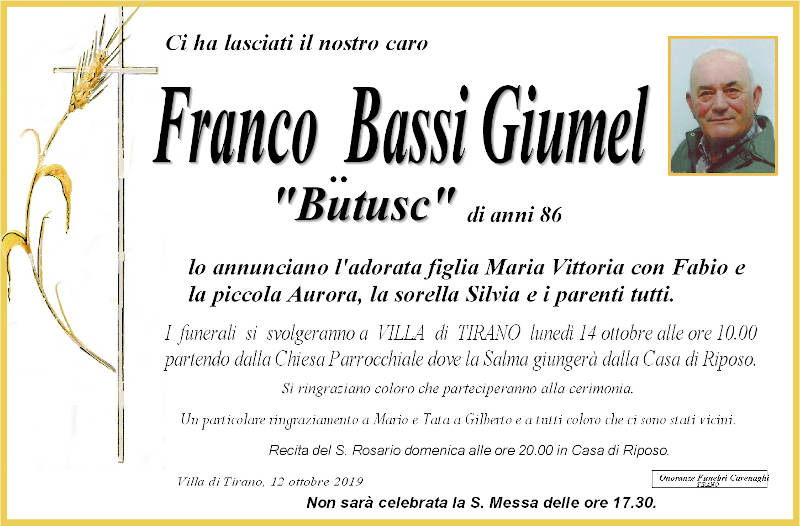 necrologio Bassi Giumel Franco