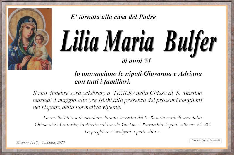 necrologio Bulfer Lilia Maria