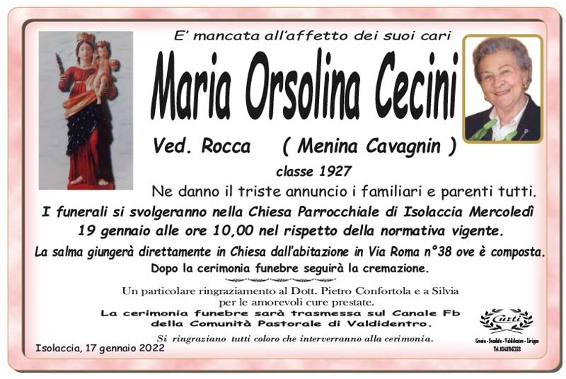 necrologio Cecini Maria Orsolina
