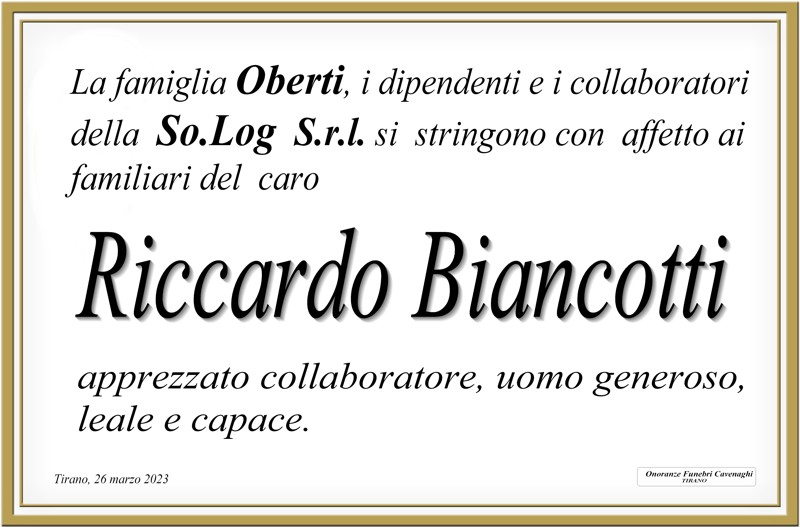 Famiglia Oberti e So.Log Srl per Biancotti Riccardo