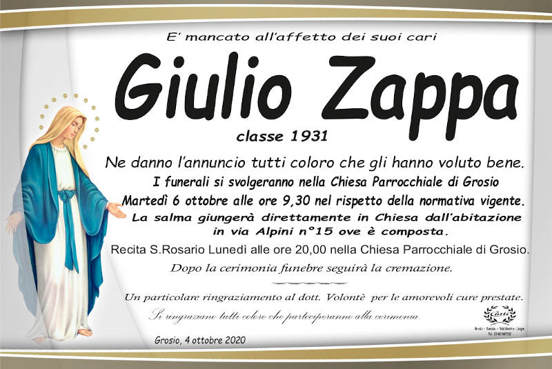 necrologio Zappa Giulio