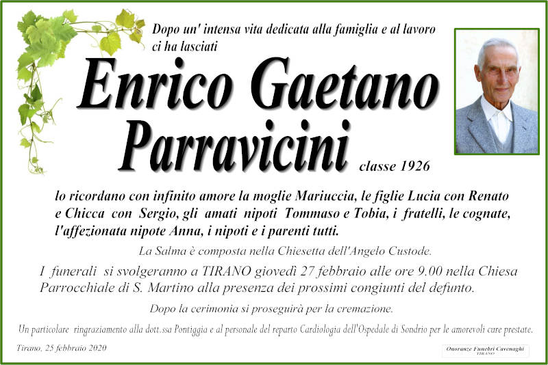 necrologio Parravicini Enrico Gaetano