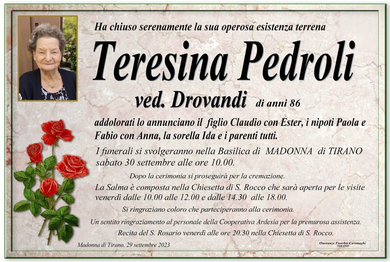 Necrologio Pedroli Teresina