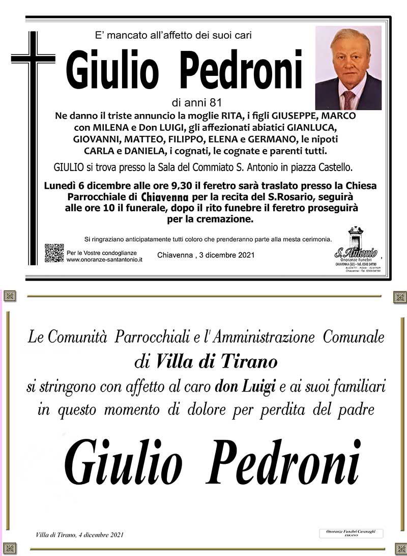 necrologio Pedroni Giulio