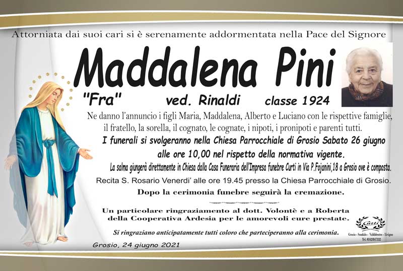 necrologio Pini Maddalena "Fra"