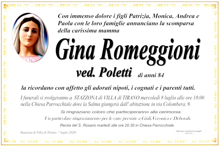 necrologio Romeggioni Gina