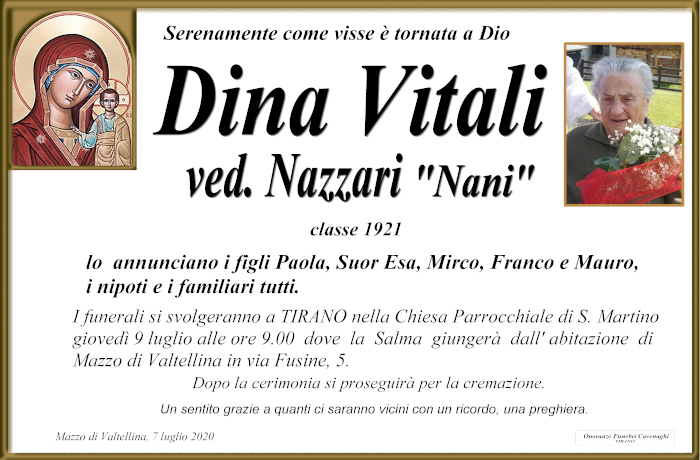 necrologio Vitali Dina