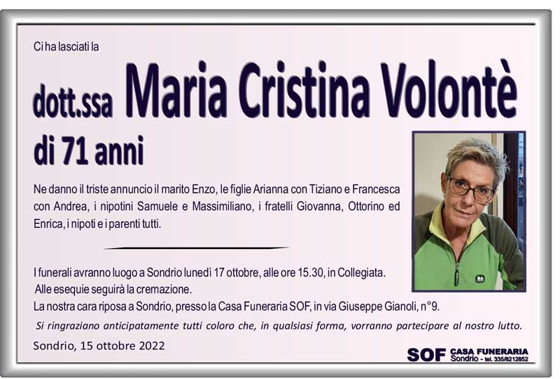 necrologio Maria Cristina Volontè