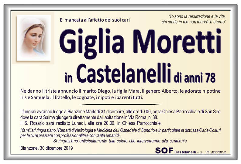 necrologio Moretti Giglia