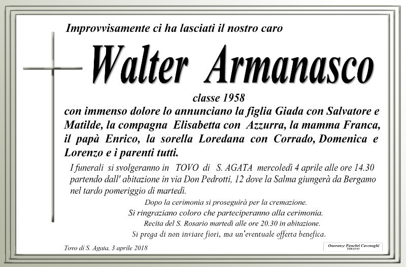 necrologio Armanasco Walter