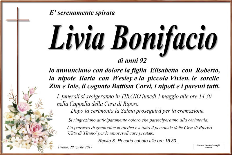 necrologio Bonifacio Livia