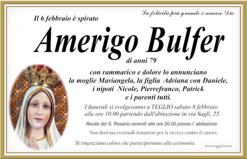 necrologio Bulfer Amerigo