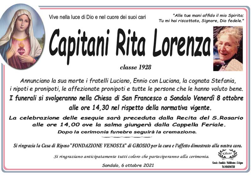 necrologio Capitani Rita Lorenza