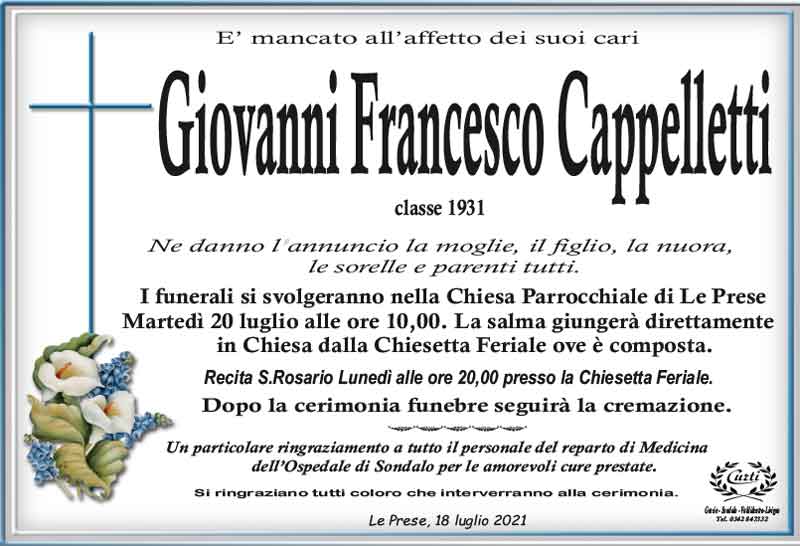 necrologio Giovanni Francesco Cappelletti