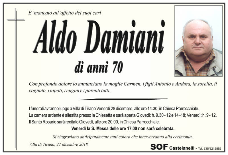 necrologio Damiani Aldo