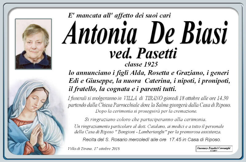 necrologio De Biasi Antonia