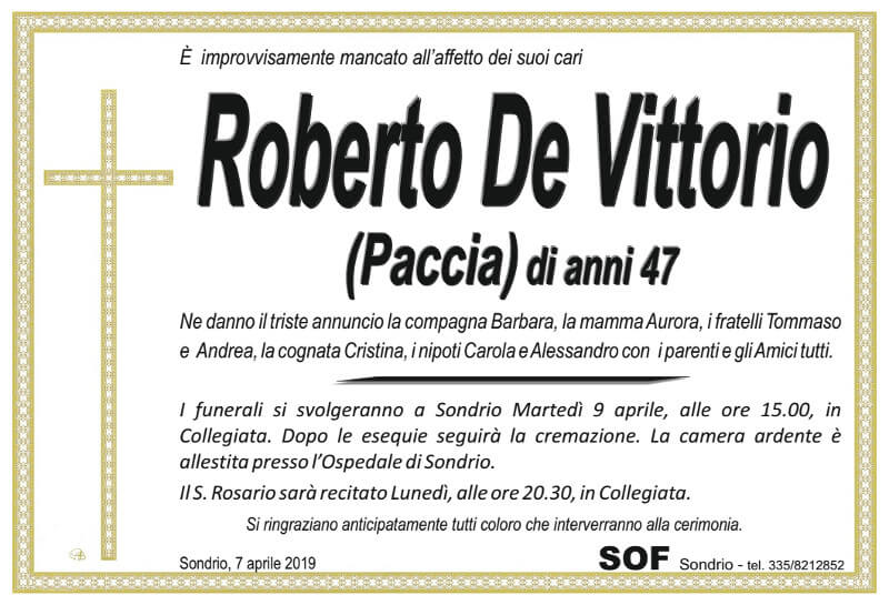 necrologio De Vittorio Roberto