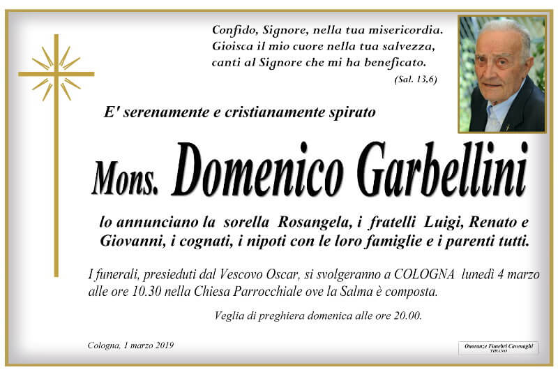 necrologio Mons. Garbellini Domenico