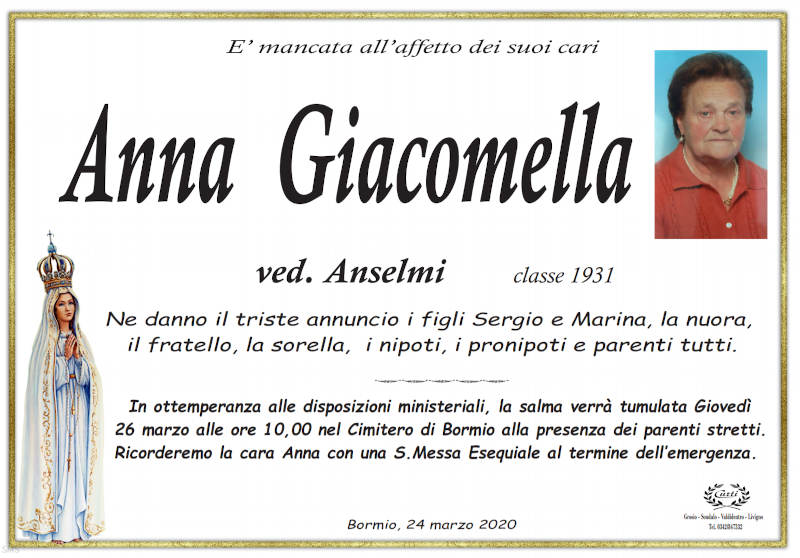 necrologio Giacomella Anna