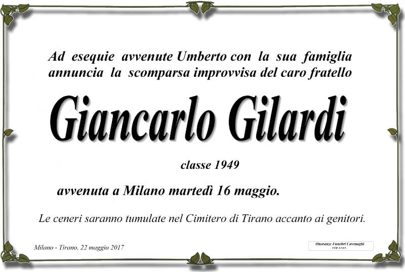 necrologio Gilardi Giancarlo