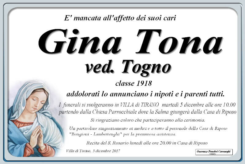 necrologio Tona Gina