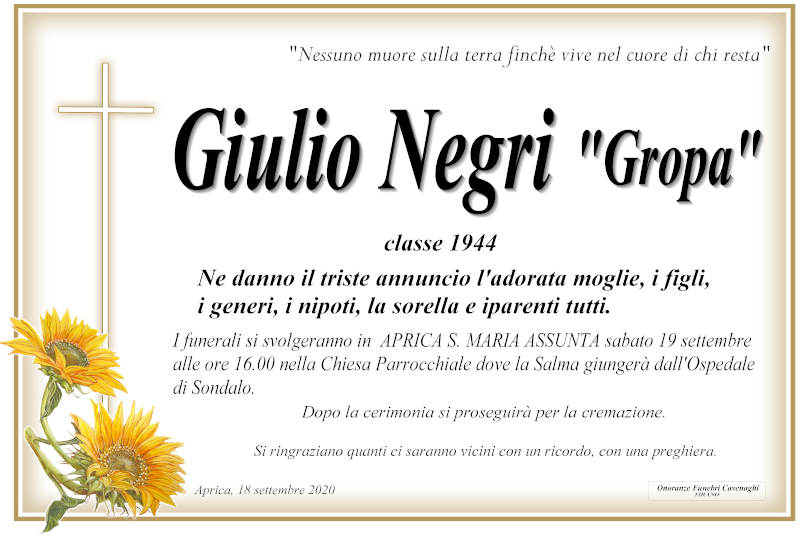 necrologio Negri Giulio