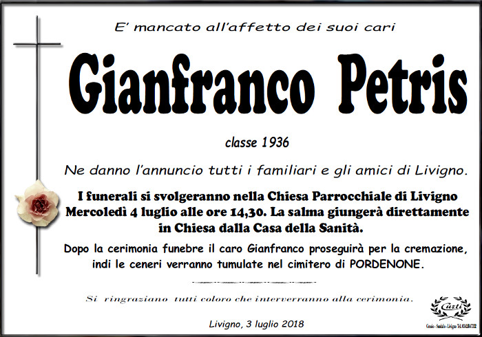 Necrologio Petris Gianfranco