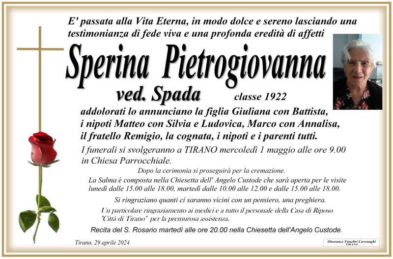 Necrologio Pietrogiovanna Sperina ved. Spada