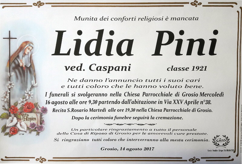 necrologio Pini Lidia