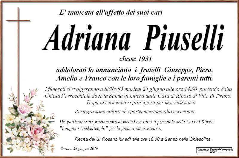 necrologio Piuselli Adriana