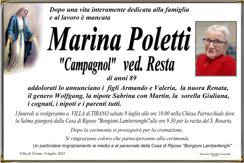 Necrologio Poletti Marina