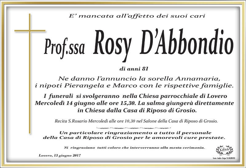 necrologio Pro.ssa Rosy D'Abbondio