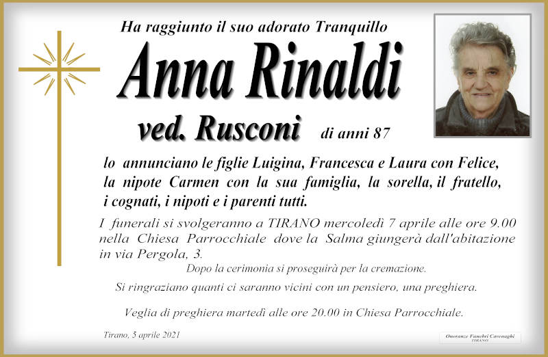 necrologio Rinaldi Anna