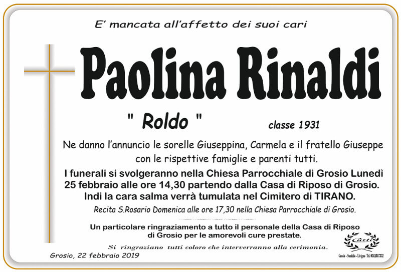 necrologio Rinaldi Paolina