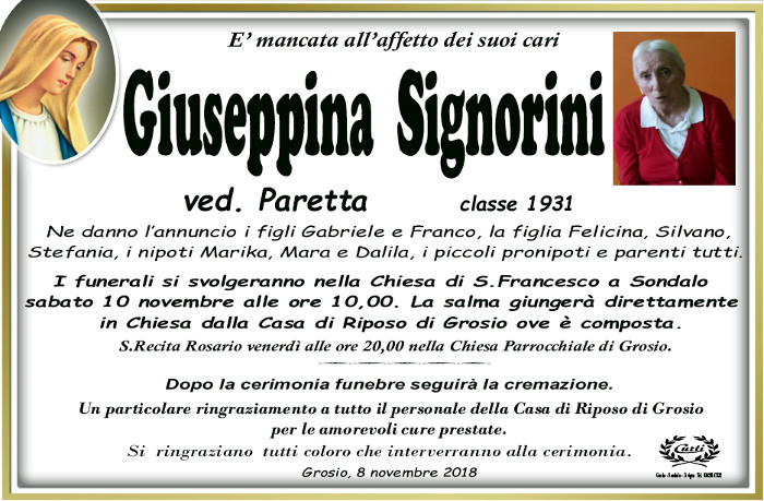 Necrologio Signorini Giuseppina