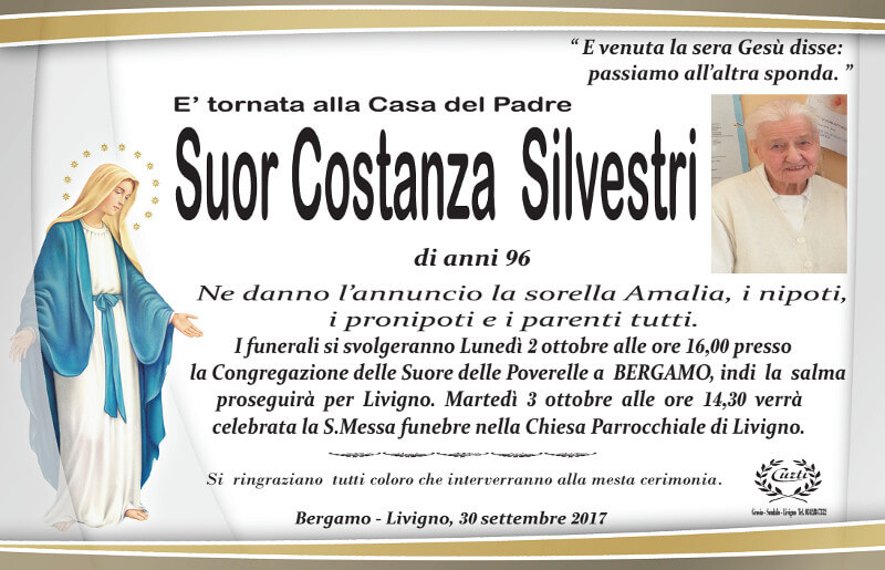 necrologio Suor Costanza Silvestri