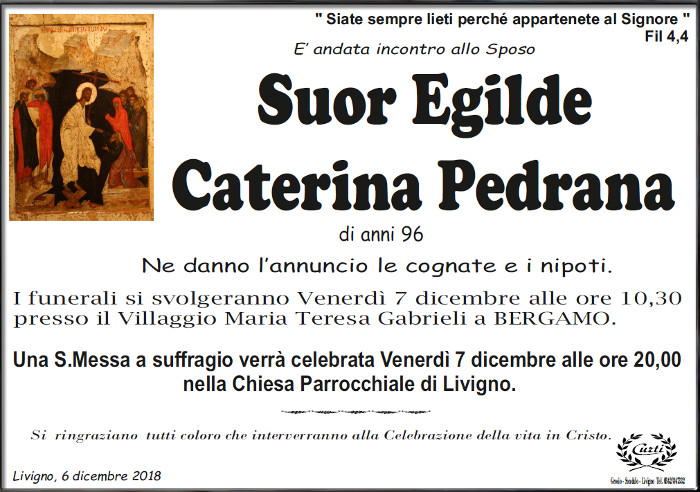 Necrologio Suor Egilde Caterina Pedrana