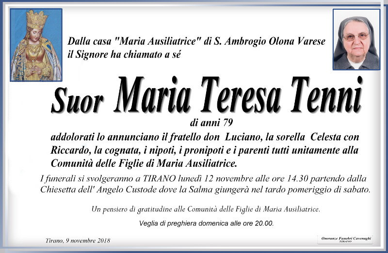 necrologio Suor Maria Teresa Tenni