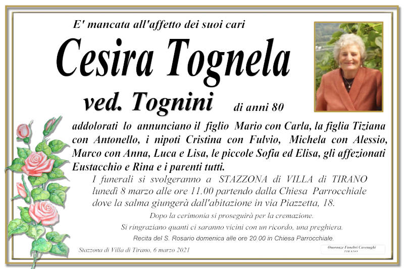 necrologio Tognela Cesira