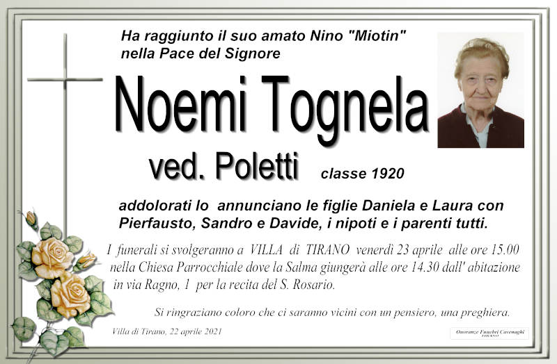 necrologio Tognela Noemi