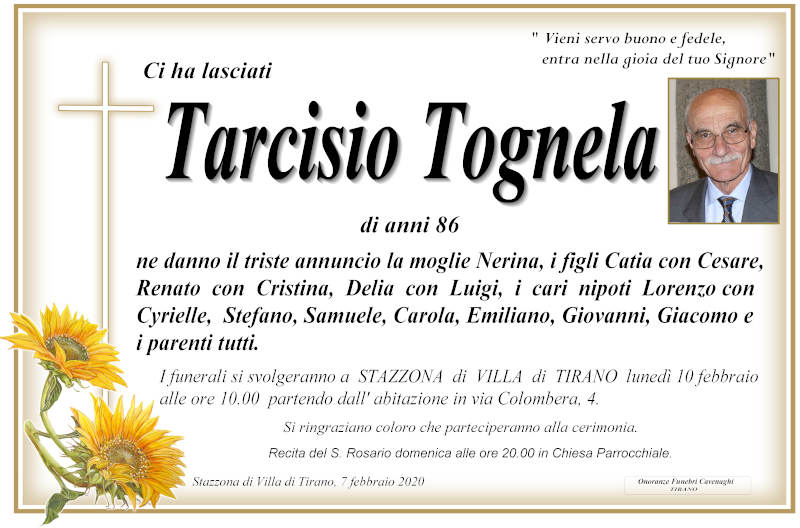 necrologio Tognela Tarcisio