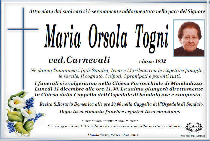 Necrologio Togni Maria Orsola