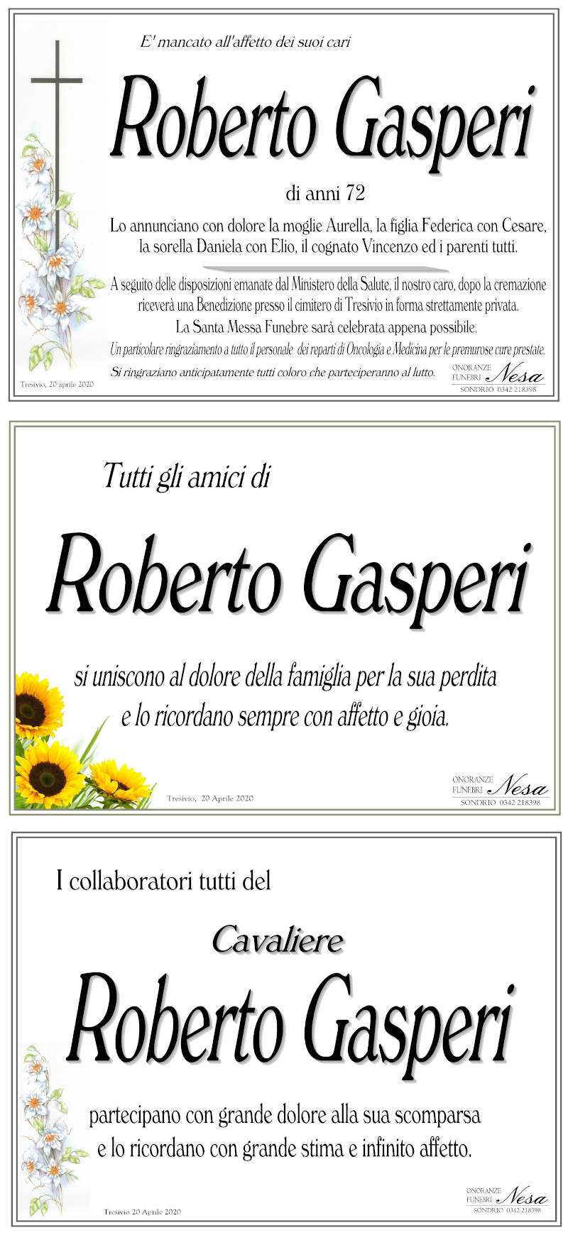 necrologio Gasperi Roberto