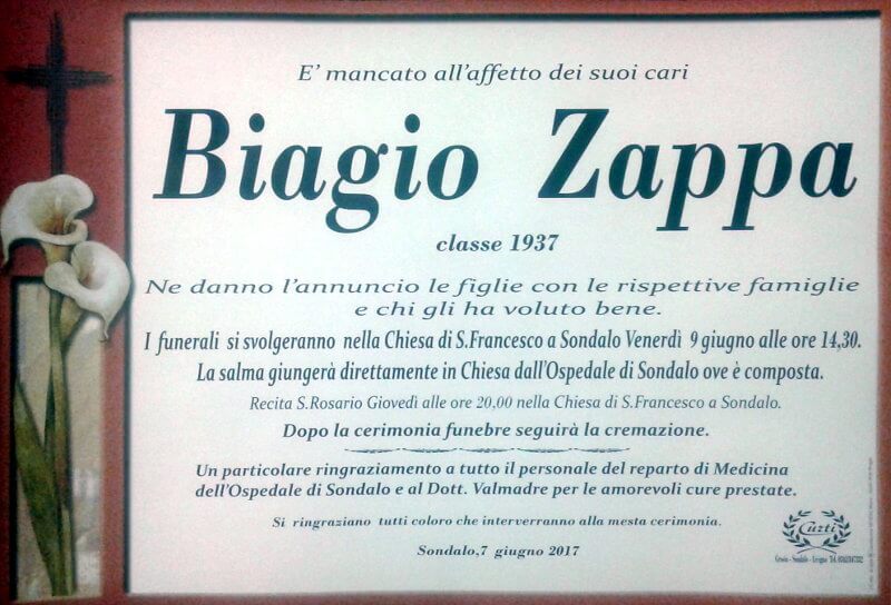 necrologio Zappa Biagio