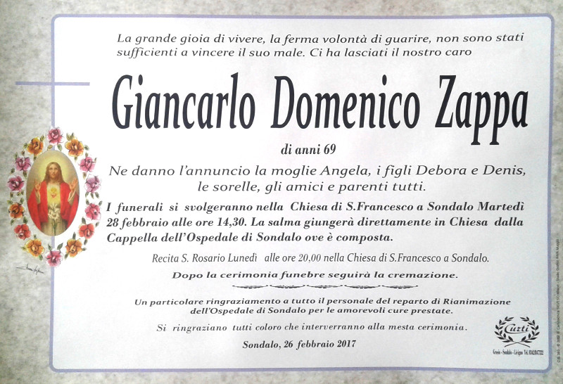 necrologio Zappa Giancarlo Domenico
