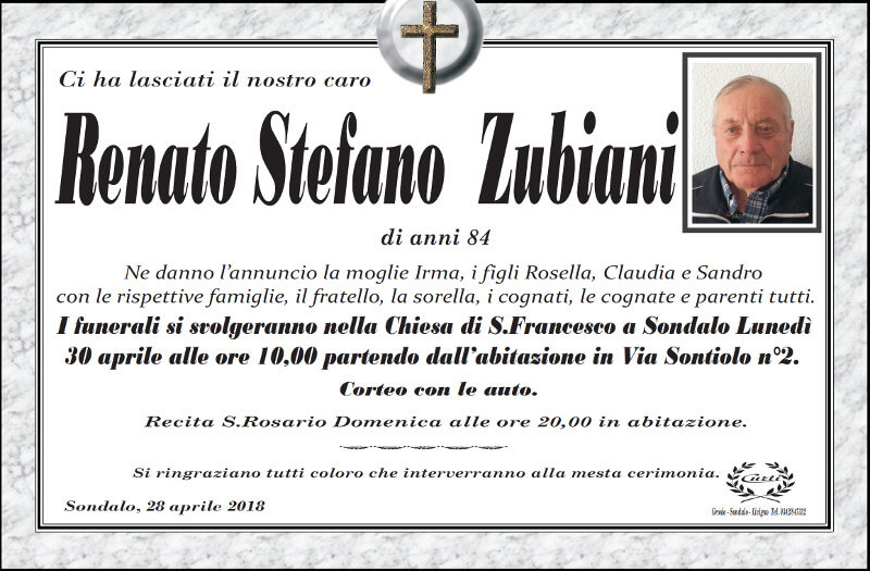necrologio Zubiani Renato Stefano